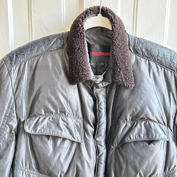 Roberto Cavalli Embossed Leather Trim Down Bomber Puffer Coat - Picture 3 of 12